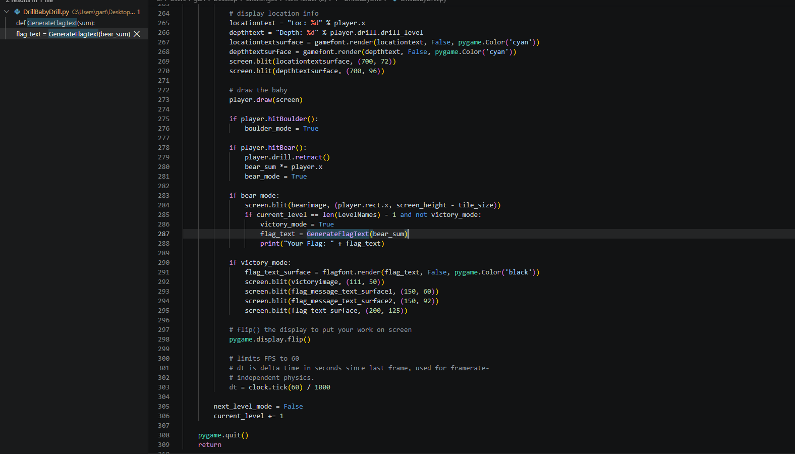 The bear collection path adds the player X coordinate to bear_sum and sends it to GenerateFlagText.