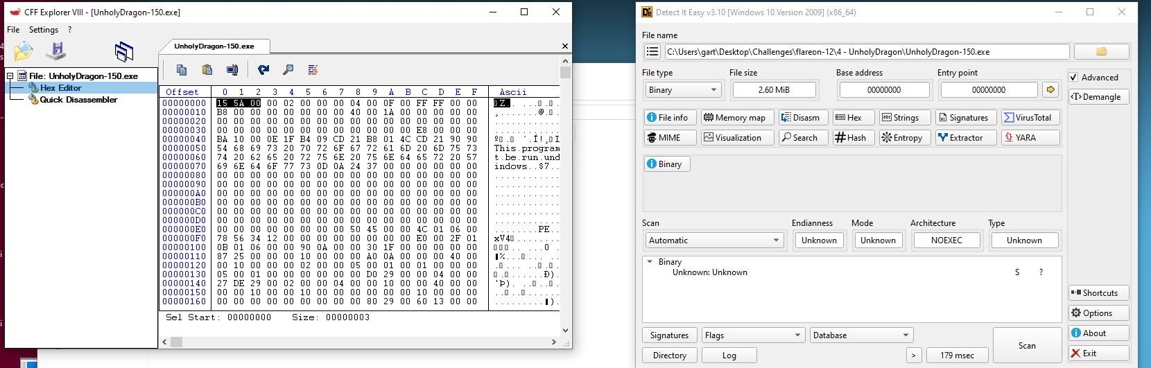 Detect It Easy reports an unknown binary while CFF Explorer shows the damaged 15 5A header.